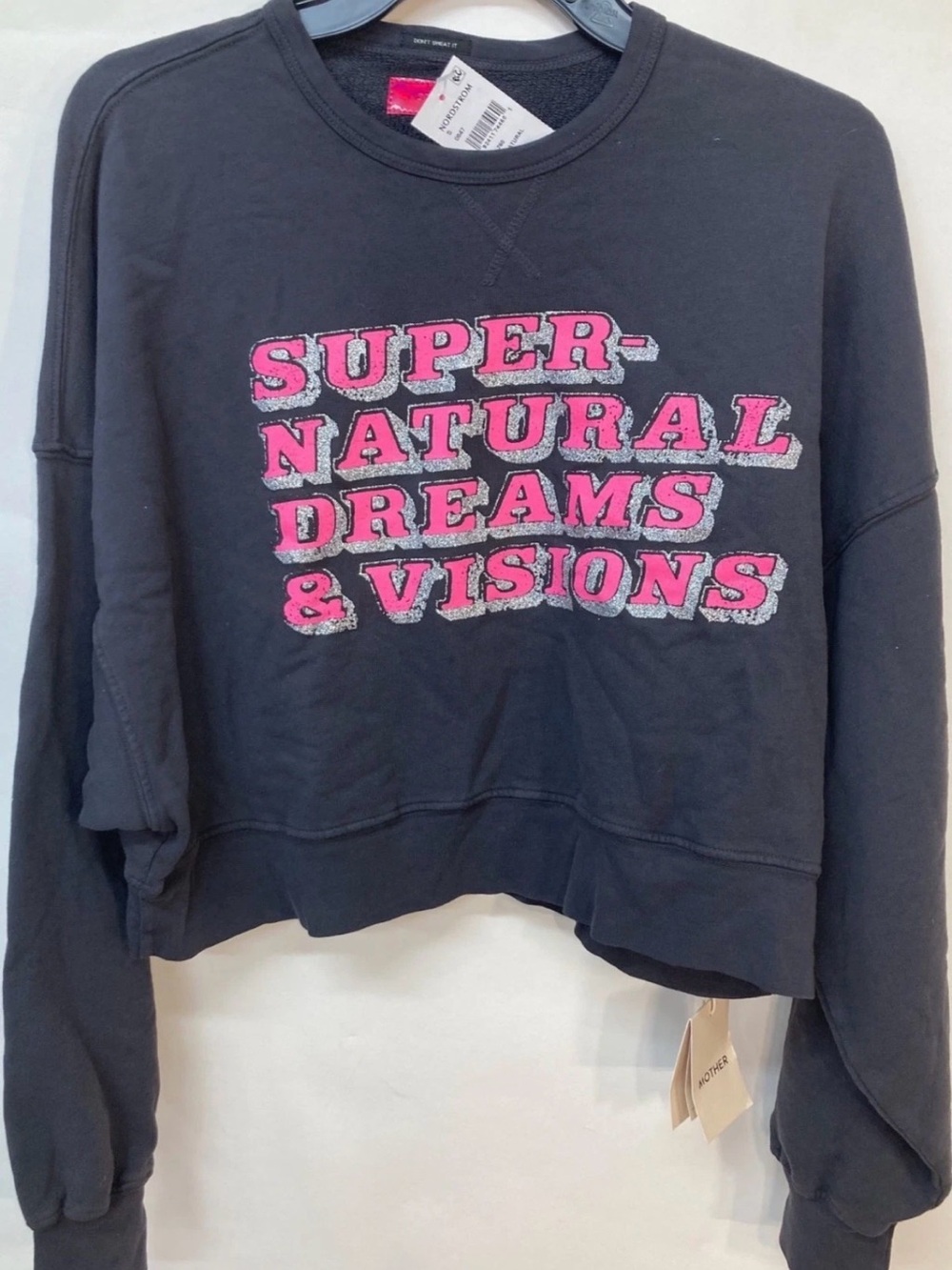 MOTHER Black Cropped Sweatshirt with Pink Graphic Text NWT